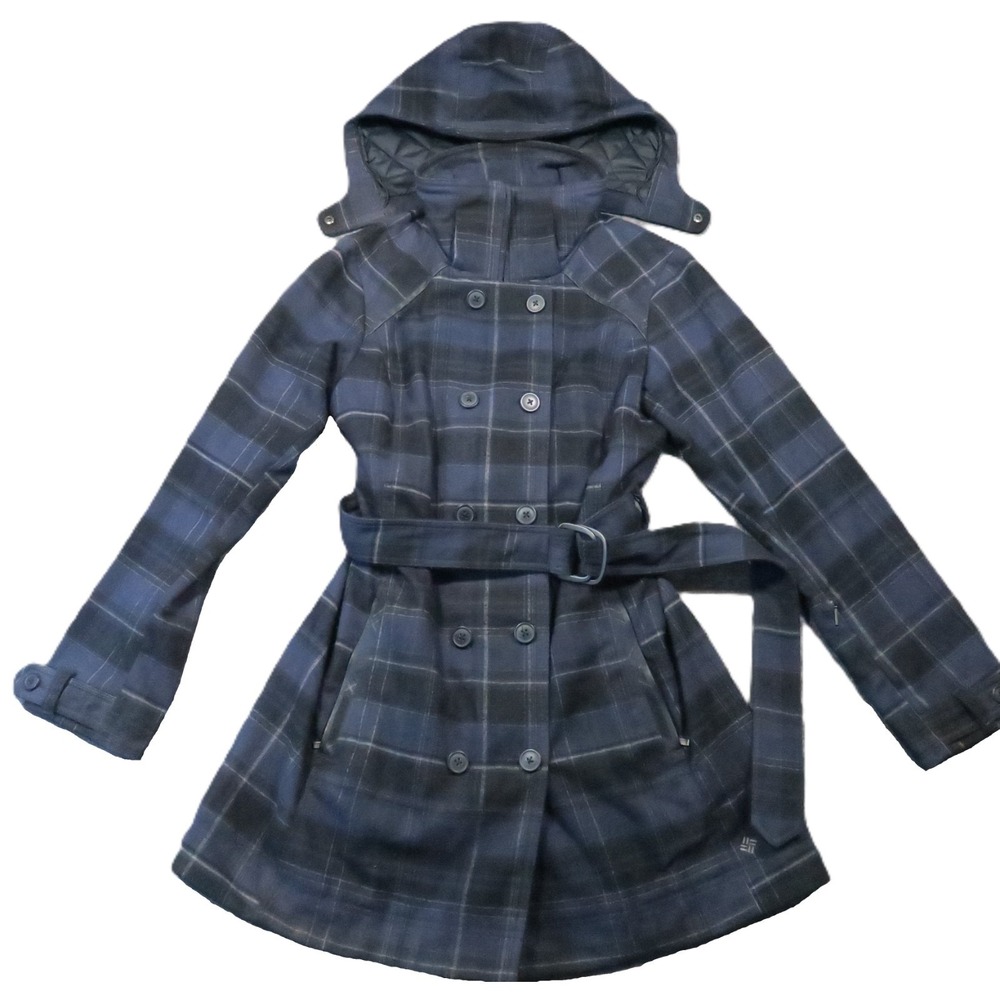 Columbia Zenith Vista II Trench Coat Women L Blue Plaid Omni-Heat Belted Outdoor